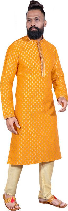 Men Woven Design Art Silk Straight Kurta  (Yellow)