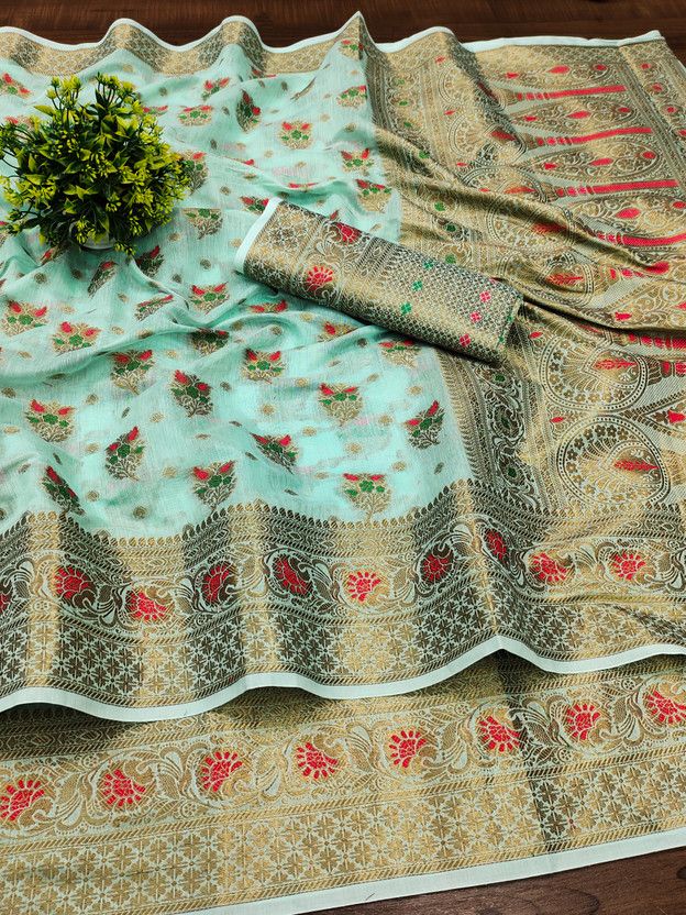 Woven Kanjivaram Jacquard, Cotton Silk Saree  (Light Blue)
