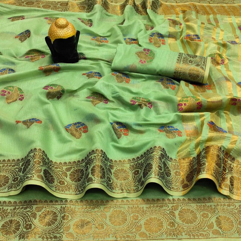 Fashion Cotton Silk Saree  (Light Green, Gold)