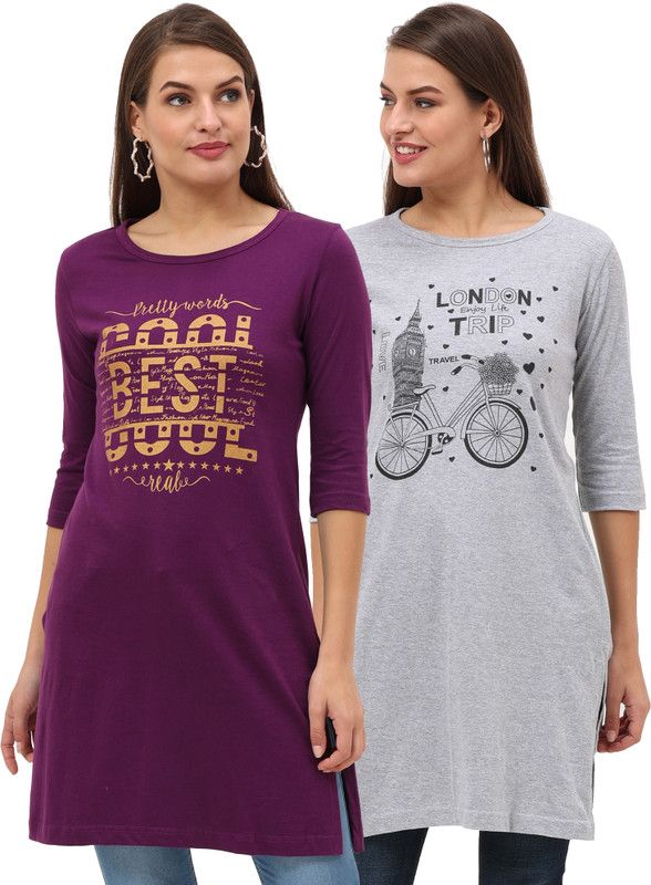 Pack of 2 Womens 3/4 Printed Long Tops Women Printed Round Neck Pure Cotton Purple, Grey T-Shirt