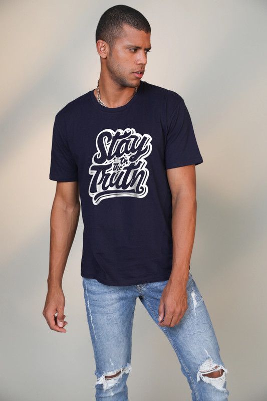 Men round neck t-shirt Men Typography Round Neck Pure Cotton Navy Blue T-Shirt