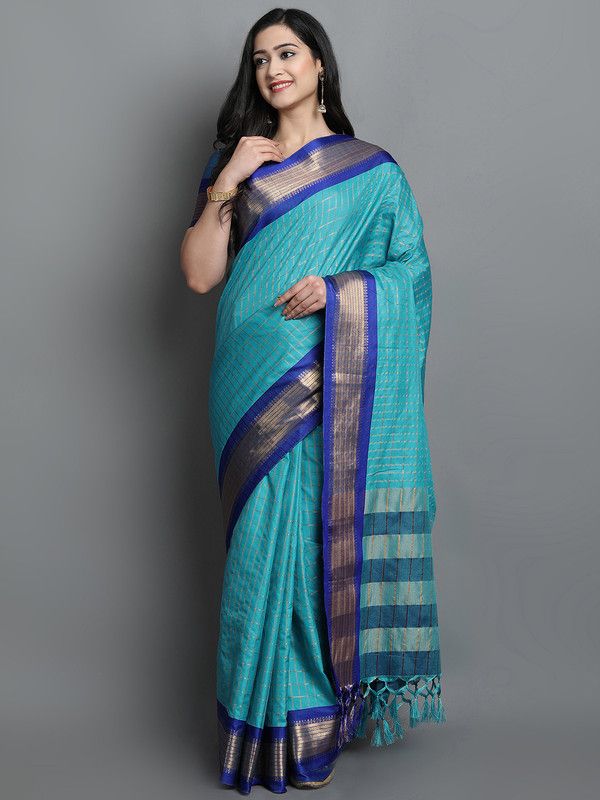 Checkered Handloom Cotton Silk Saree  (Light Blue)