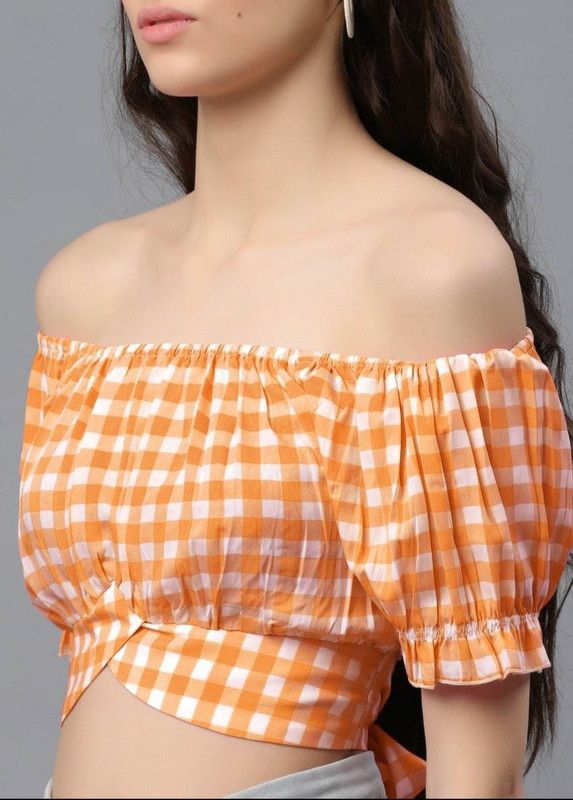 Casual Puff Sleeves Checkered Women Black Top