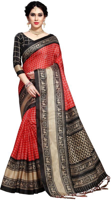 Animal Print, Checkered Mysore Silk Blend, Cotton Silk Saree  (Red)