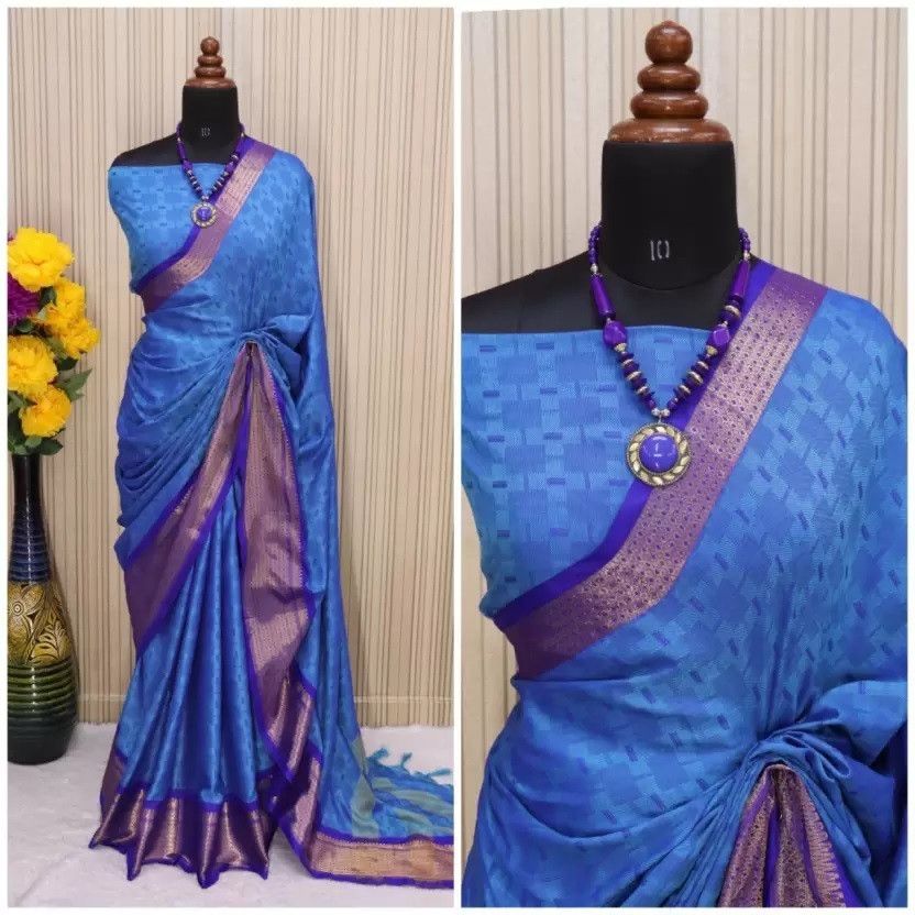 Checkered, Woven Chinnalapattu Art Silk, Jute Silk Saree  (Light Blue, Blue)