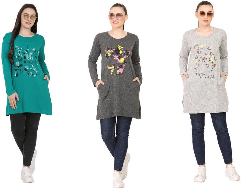 Pack of 3 Women Floral Print Round Neck Cotton Blend Multicolor T-Shirt