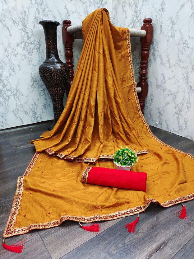 Solid/Plain Daily Wear Pure Silk, Art Silk Saree  (Mustard)