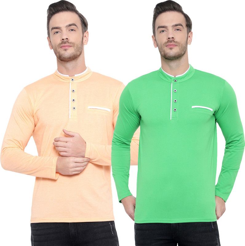 Pack of 2 Men Solid Mandarin Collar Cotton Blend Green, Orange T-Shirt