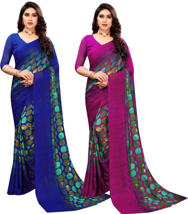 Printed Bollywood Georgette, Silk Blend Saree  (Blue, Pink)