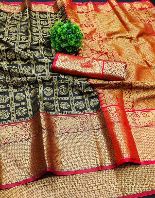 Printed, Embellished Patola Silk Blend Saree  (Black, Gold)