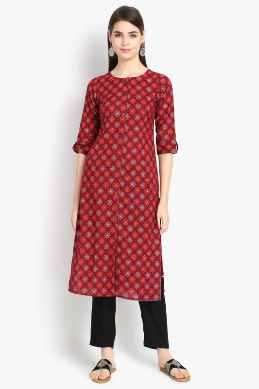 Women Printed, Floral Print Cotton Blend Straight Kurta  (Maroon)