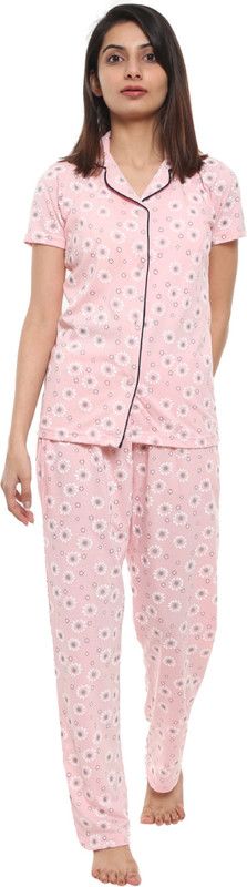 Women Night Suit Set Pink, Pink Floral Print