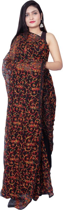 Embroidered, Embellished Lucknow Chikankari Georgette Saree  (Black)