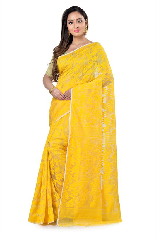 Woven Jamdani Handloom Cotton Linen Saree  (Yellow)