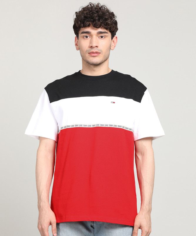 TJM COLORBLOCKED TAPE TEE Men Colorblock Round Neck Pure Cotton Multicolor T-Shirt
