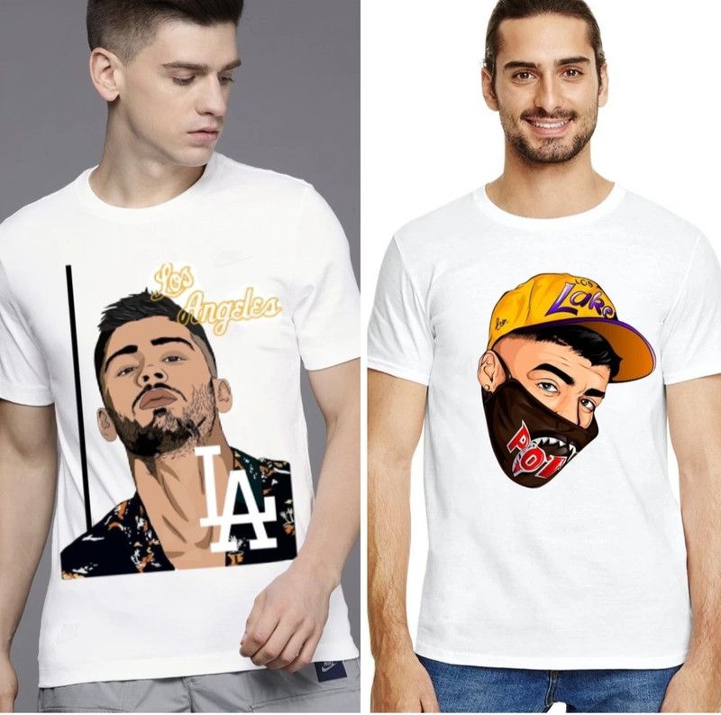 Pack of 2 Premium Quality Printed Polycotton T-shirt For Men Pack Of 2 Men Graphic Print Round Neck Poly Cotton White T-Shirt