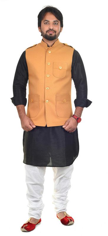 Men Cotton Blend Ethnic Jacket, Kurta and Trouser Set