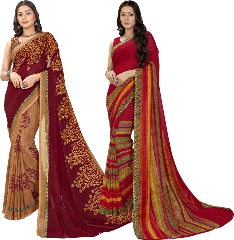 Printed, Paisley, Ombre, Striped, Geometric Print, Animal Print, Floral Print, Checkered Daily Wear Georgette Saree  (Pack of 2, Brown, Beige)
