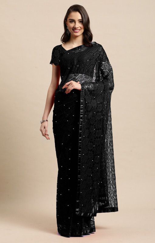 Embellished Bollywood Net, Jacquard Saree  (Black)