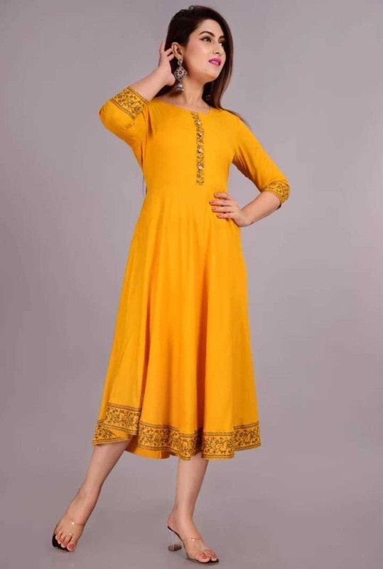 Women Printed Cotton Rayon Anarkali Kurta  (Yellow)