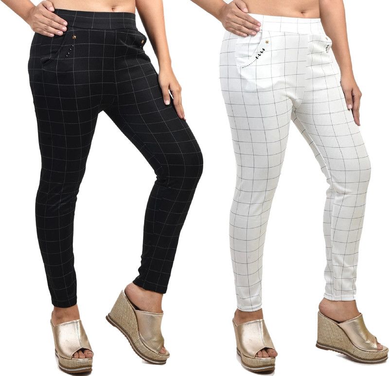 Vihan Fashion Black, White Jegging  (Checkered)