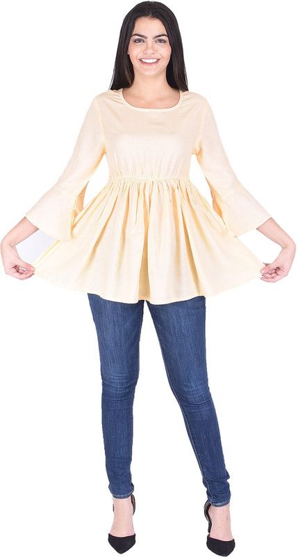 Women Solid Viscose Rayon Flared Kurta  (Beige)