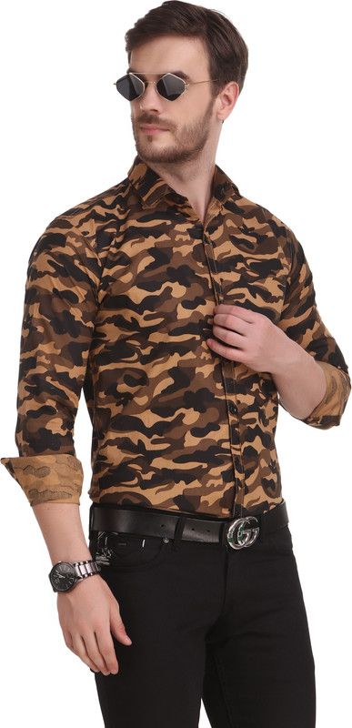 Men Slim Fit Military Camouflage Cut Away Collar Casual Shirt