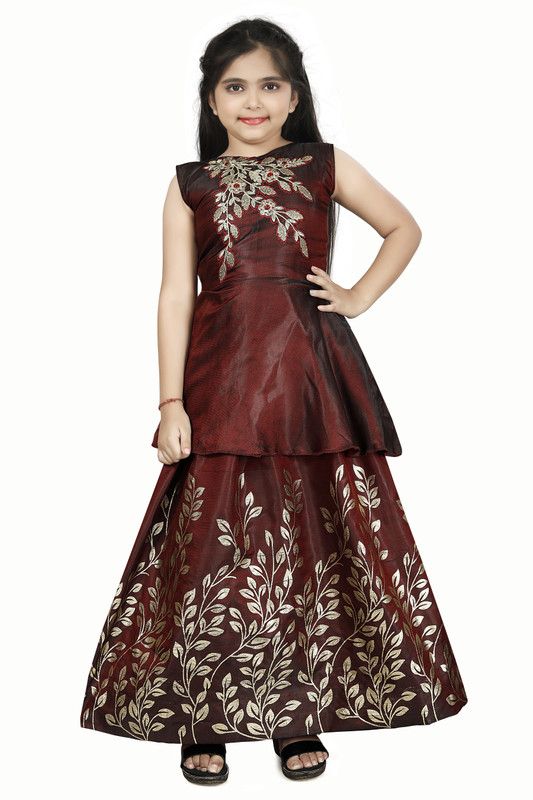 Embroidered Satin Semi Stitched Flared/A-line Gown  (Maroon)