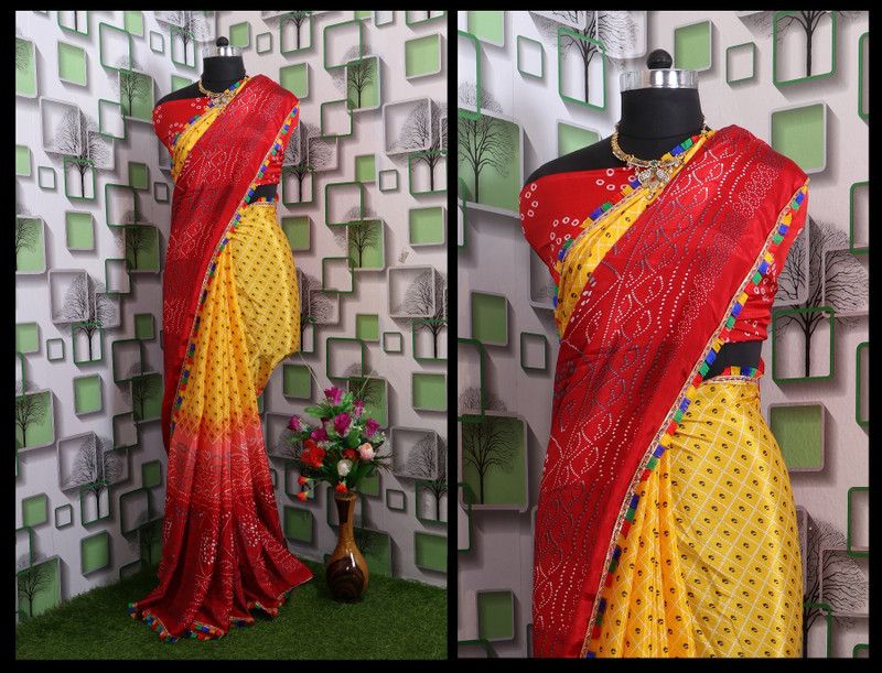 Checkered, Ombre Bandhani Silk Blend Saree  (Multicolor)