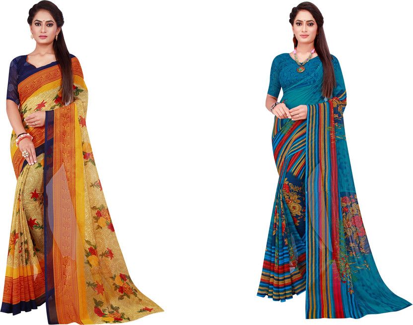 Floral Print Bollywood Georgette Saree  (Pack of 2, Blue)