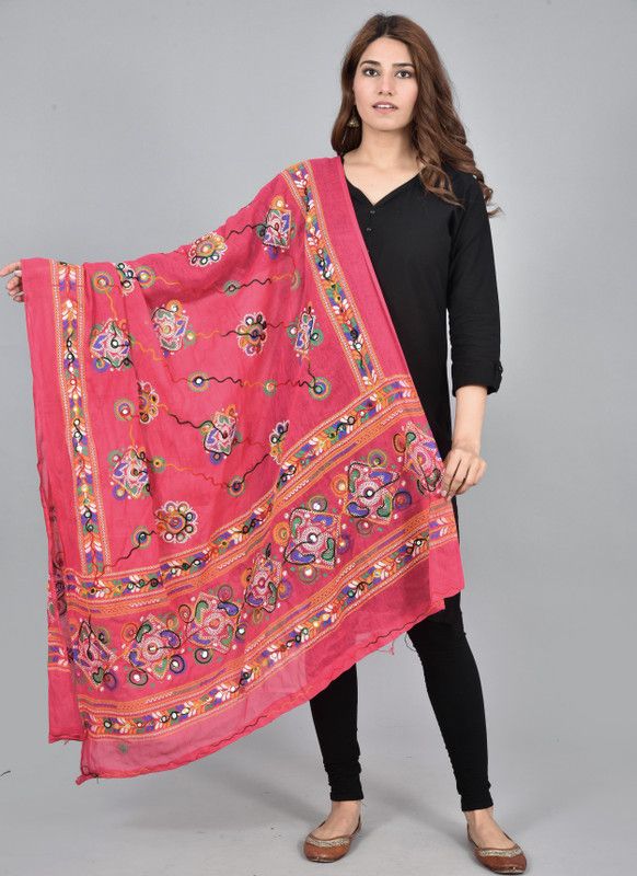 Pure Cotton Embroidered Pink Women Dupatta