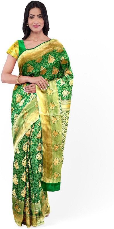 Woven Banarasi Satin Saree  (Green)