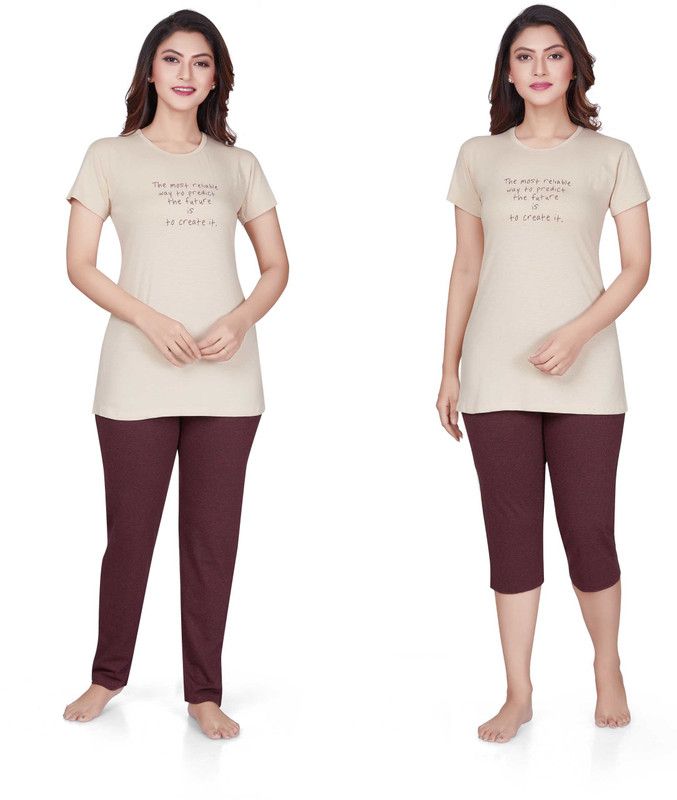 Women Night Suit Set Beige, Maroon Printed