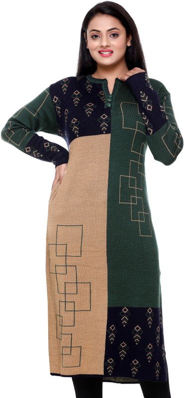 Women Woven Design Wool Straight Kurta  (Green)