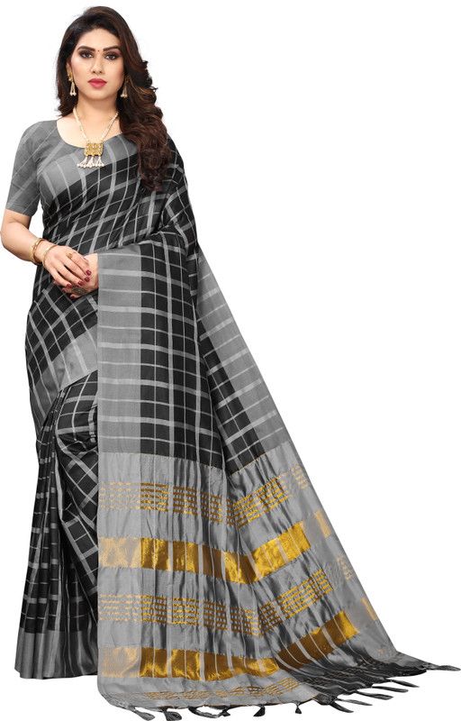 Self Design Chettinadu Cotton Blend Saree  (Black, Grey)