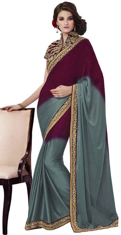 Embroidered Bollywood Cotton Blend, Satin Saree  (Purple, Green)