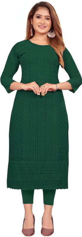 Women Chikan Embroidery Georgette Straight Kurta  (Dark Green)