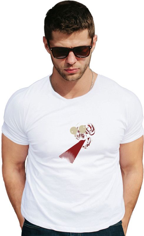 Skull laser Men Printed Round Neck Cotton Blend White T-Shirt