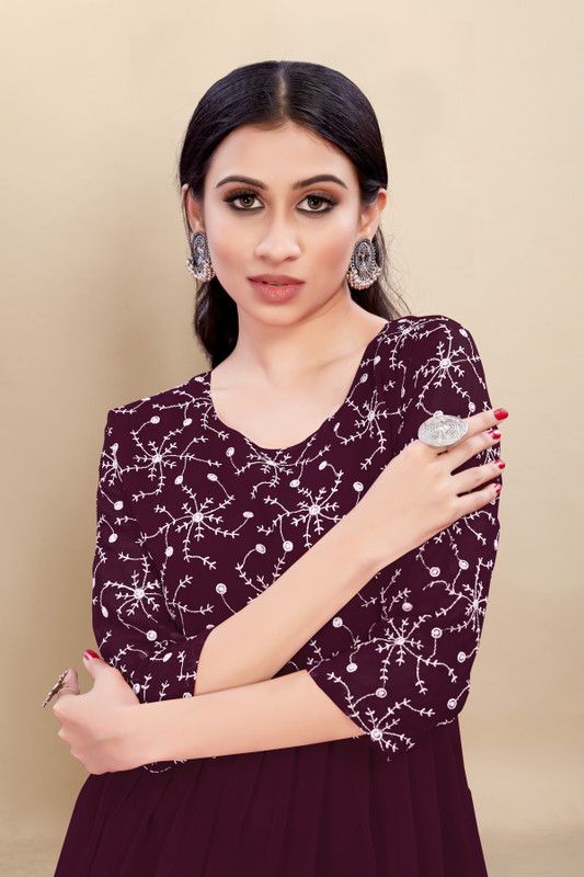 Embroidered Crepe Stitched Anarkali Gown  (Purple)