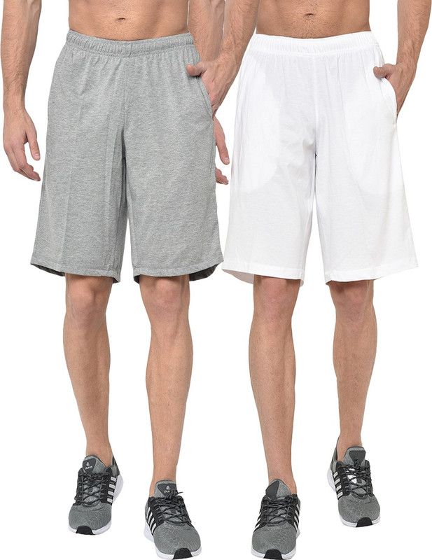 Pack of 2 Solid Men White, Grey Regular Shorts