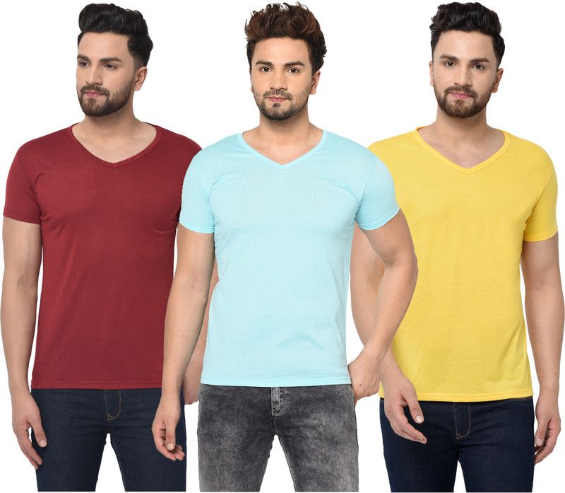 Pack of 3 V Neck T-Shirt Combo of 3 Men Solid V Neck Cotton Blend Light Blue, Maroon, Yellow T-Shirt