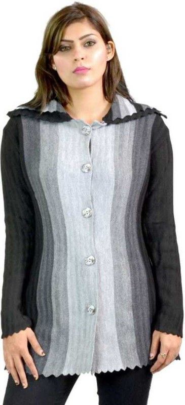 Women Colorblock Collared Neck Black Sweater