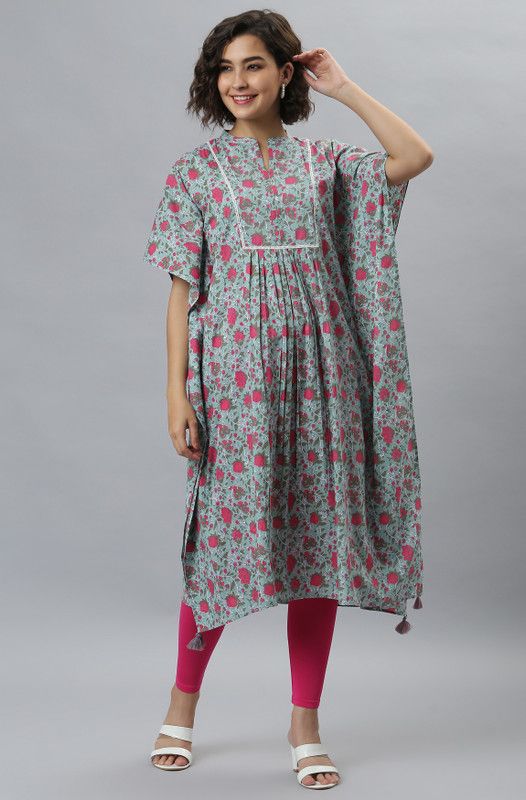 Women Floral Print Pure Cotton Kaftan Kurta  (Light Green)