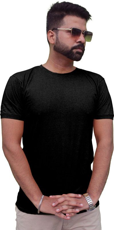 Mr Lier Solid Men Round Neck Black Plain Tshirt For men's Men Solid Round Neck Cotton Blend Black T-Shirt
