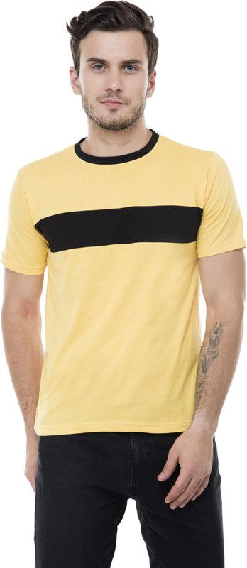 Men's Trendy Cotton Lightweight Breathable Half Sleeves Round Neck Casual T-shirt Men Colorblock Round Neck Cotton Blend Black, Yellow T-Shirt