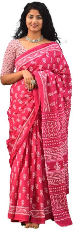 Printed Hand Batik Pure Cotton Saree  (Pink)