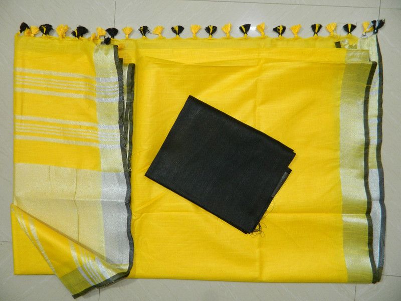 Solid/Plain Handloom Cotton Linen Saree  (Grey)