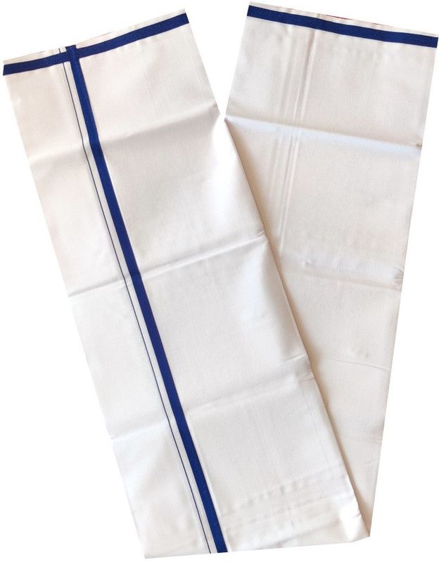 kaitharikada 100% Cotton Ultra Pure White Single Dhoti/Mundu- Thin Blue Kara Men Dhoti Men Dhoti