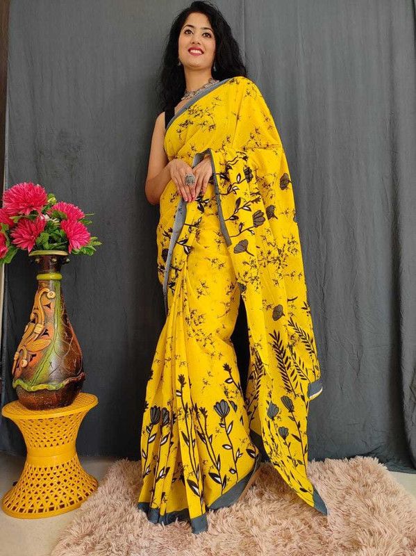 Blocked Printed, Color Block, Dyed, Floral Print, Printed Sambalpuri Pure Cotton Saree  (Yellow)