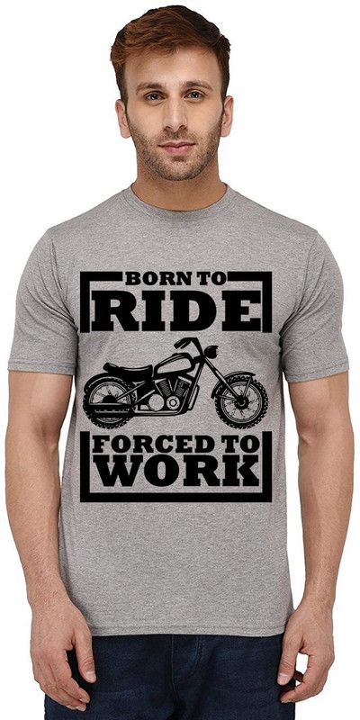 Born To Ride Men Printed Round Neck Pure Cotton Grey T-Shirt